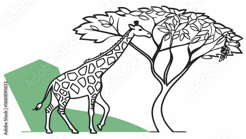 Simple black and white illustration of a giraffe eating leaves from a tree.