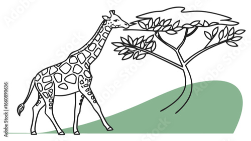 Giraffe eating leaves from a tree in a simple illustration.