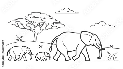 Family of elephants walking in savannah landscape with trees.