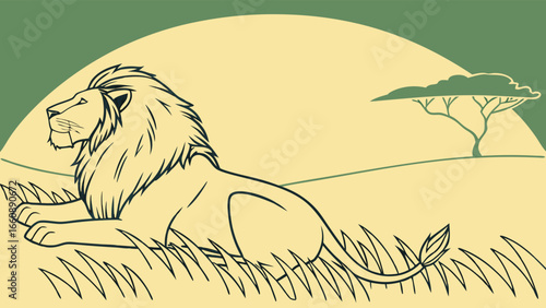 Lion resting in savannah grasslands under acacia tree at sunset.
