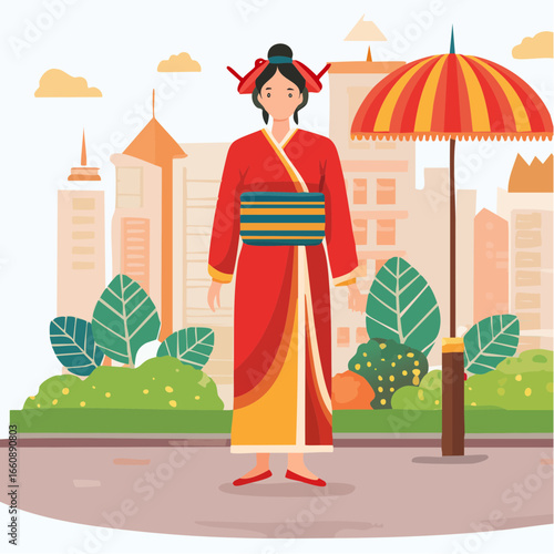 Woman in traditional Japanese kimono standing in city.