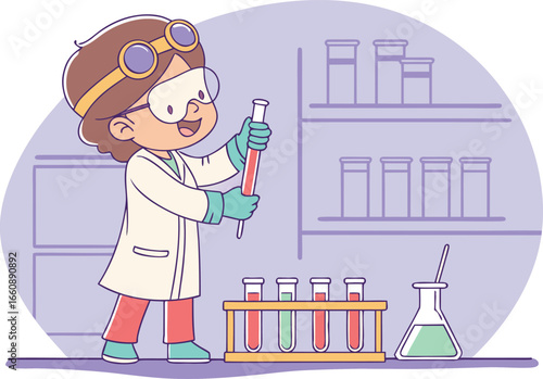 Cartoon vector illustration of a happy child scientist in lab coat experimenting with colorful test tubes in a laboratory. Fun science and education concept.
