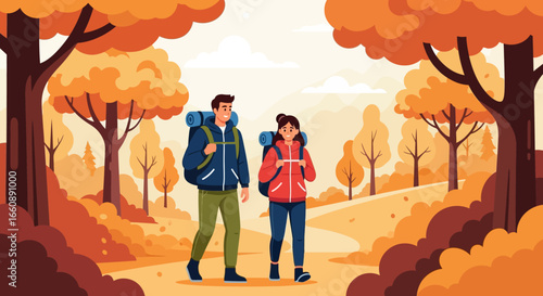 Couple hiking on a trail through a vibrant autumn forest, enjoying the outdoors.