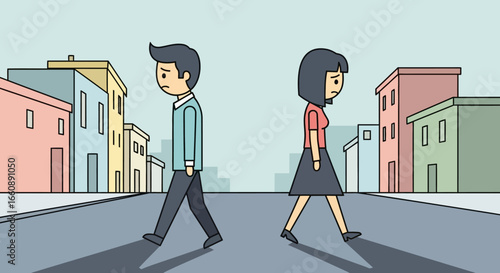Two people walking away from each other in a city street, conveying a sense of separation and sadness.