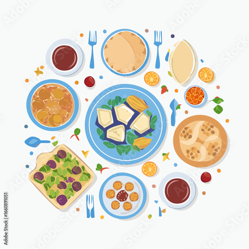 A variety of food on plates and dishes.