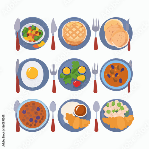 Variety of breakfast foods on plates.