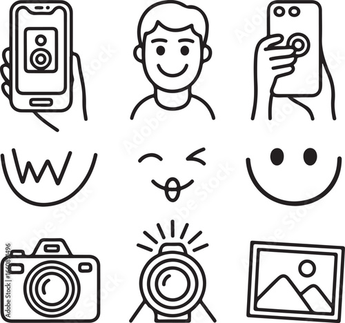 Selfie and Photography Doodle Icon Set Outline Vector of Cameras, Phone Shots, Facial Expressions, and Photo Moments