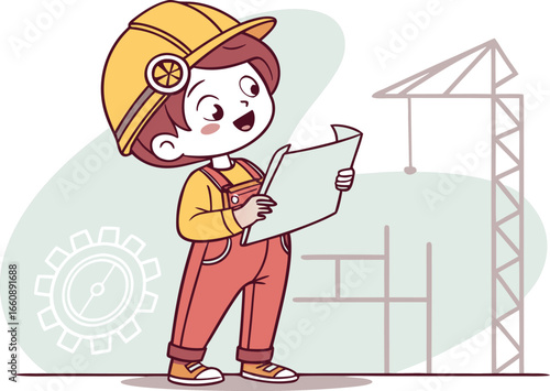 Vector illustration cartoon of a child wearing a construction helmet and holding blueprints, symbolizing engineering, building, architecture, and future career dreams.