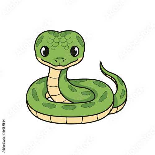 A Green Tree Python cute icon sticker design, chibi cartoon style, 2D flat vector icon illustration of an adorable little. Kawaii style, character art, isolated on white background,