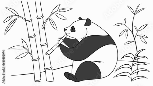 Black and white illustration of a panda eating bamboo.