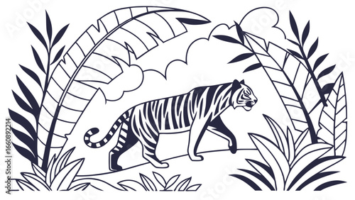 Tiger walking through jungle foliage illustration.