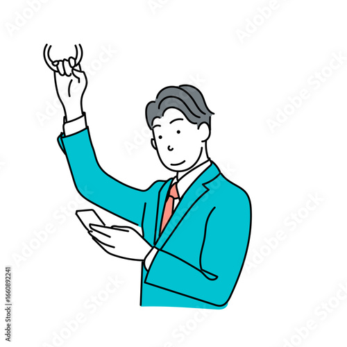 スマホを操作しながら通勤中のビジネスマンを描いたベクターイラスト
