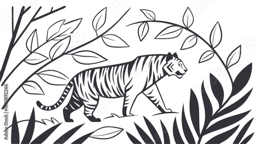 Black and white illustration of a tiger walking through foliage.