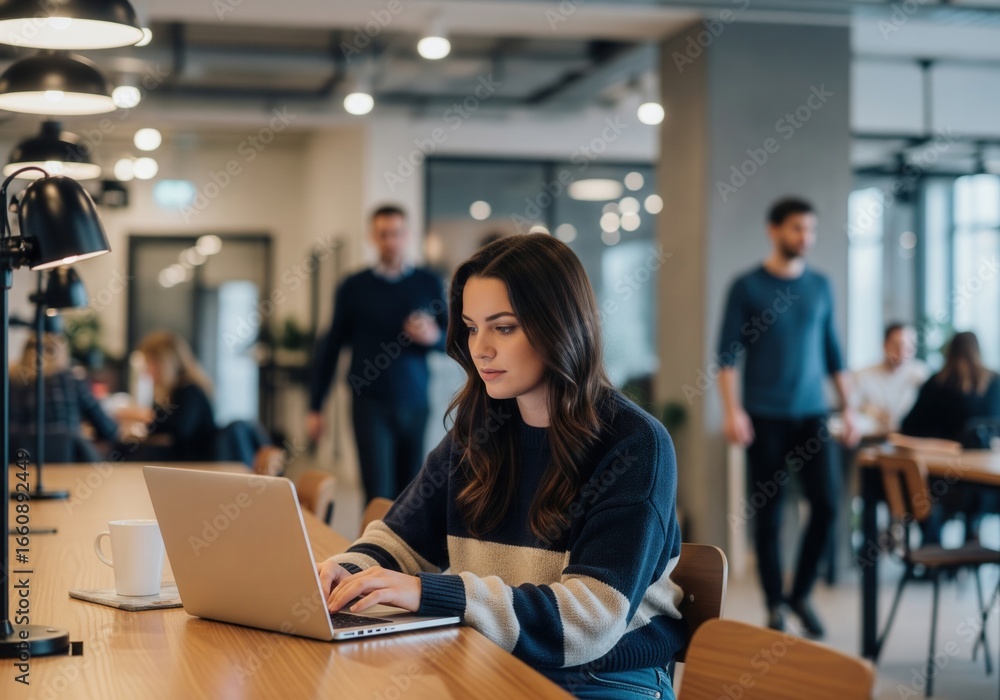 Obraz premium A woman with long brown hair works on a laptop at a long wooden desk in a busy, modern coworking space with blurred figures in the background.