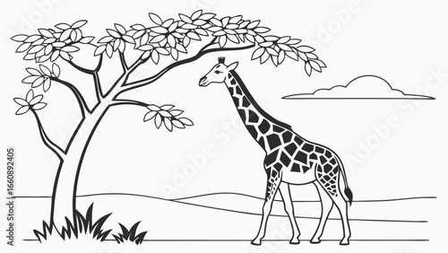 Black and white illustration of a giraffe standing under a tree.