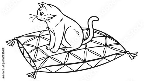Cat resting on a hammock with geometric pattern.