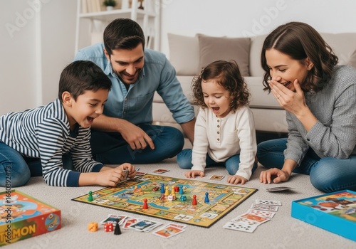 A happy family of four plays a board game together on the floor of a sunlit living room, laughing and enjoying their time.