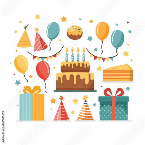 Colorful birthday celebration elements and decorations.