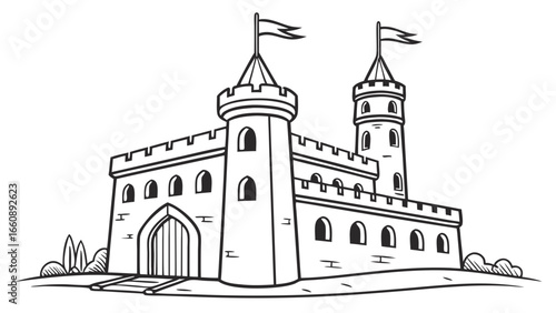 Whimsical Cartoon Castle Outline Illustration with Towers, Flags, and Battlements
