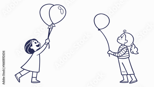 Joyful girls holding balloons. Simple line art illustration of happy children playing, symbolizing childhood fun and celebration.