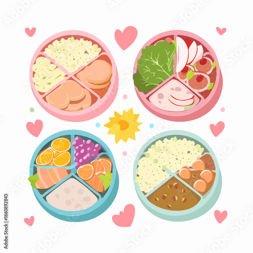 Colorful bento boxes with various food.