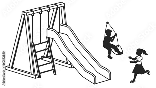 Kids playing on playground. Slide, swing set, and active children. Black and white line art illustration of childhood recreation and fun.