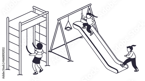 Children Playing on Playground Equipment - Isometric Line Art Illustration