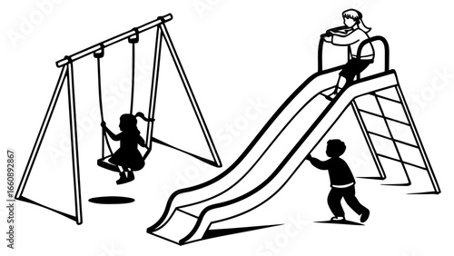 Children playing on playground. Black and white illustration of kids on swing and slide, depicting childhood outdoor recreation and fun.