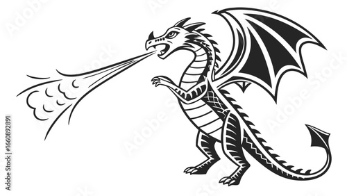 Black and white illustration of a dragon breathing fire.