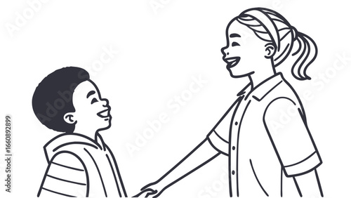 Happy diverse children holding hands, black and white line art illustration of joyful kids connecting