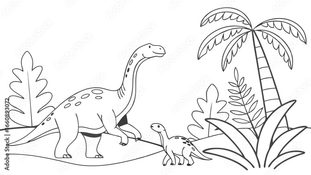 Fototapeta premium Prehistoric Dinosaur Family Coloring Page: Adult and Baby Dinosaurs in Jungle Landscape Illustration