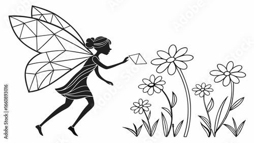 Whimsical Fairy Silhouette with Geometric Wings Watering Garden Flowers. Magical Nature Illustration.