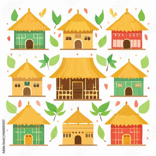 Colorful cartoon houses with thatched roofs and decorative leaves.