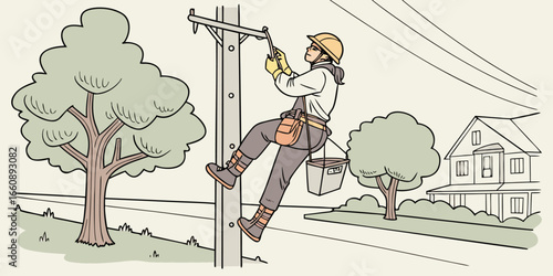 Vector illustration of a utility worker climbing an electric pole with safety gear and tools. Cartoon concept 