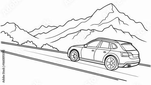 Car on Mountain Road Line Art. Modern SUV traveling through scenic mountainous landscape, vector illustration.