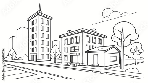 Black and white cartoon cityscape vector illustration. Urban street scene line art with buildings, trees, and road, ideal for coloring book design.