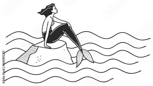 Mermaid Sitting on Rock in Ocean Waves - Black and White Line Art Illustration of Mythical Sea Creature