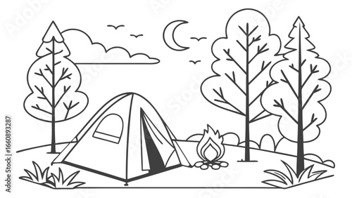 Camping Scene with Tent and Trees Under Night Sky.