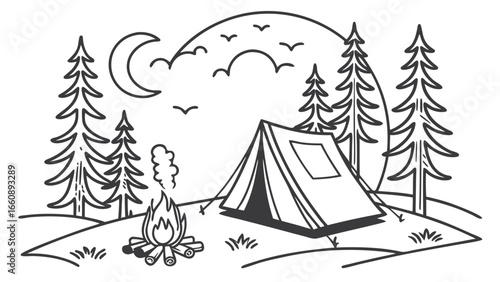 Line Art Illustration of Night Camping Scene with Tent, Campfire, Moon, and Pine Trees