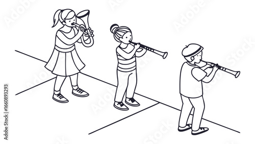 Line art illustration of young children playing wind instruments: tuba and clarinets. Kids' band, music education, and learning concept.