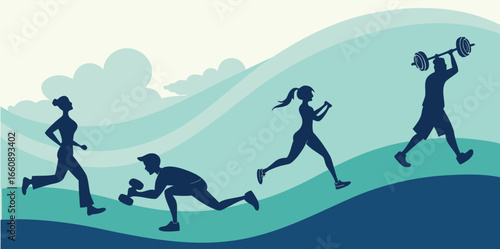 Vector cartoon illustration of people exercising outdoors, including running, weightlifting, and fitness training