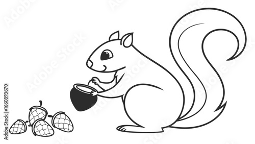 Cute cartoon squirrel holding an acorn with more nuts, black and white line art illustration