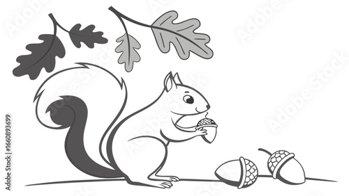 Monochrome Cartoon Squirrel with Acorn and Oak Leaves Illustration
