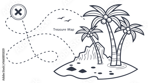 Treasure Map with Tropical Island, Palm Trees, and X Mark. Adventure and Discovery Concept Line Art Illustration