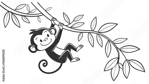Cute Cartoon Monkey Swinging on Tree Branch Line Art. Happy Primate Illustration, Black and White Drawing for Kids.