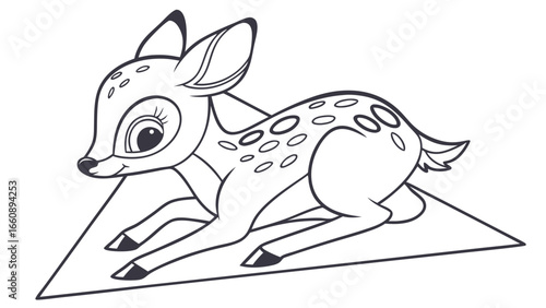 Cute Fawn Line Art Illustration for Coloring Book. Adorable Baby Deer Outline Drawing for Children.