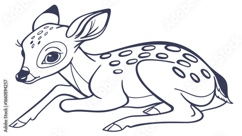 Cute Fawn Resting Line Art Illustration. Adorable Baby Deer Outline Drawing, Woodland Animal.