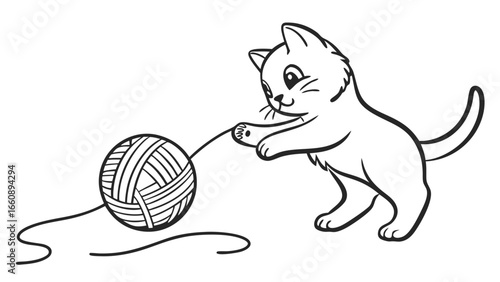 Cute kitten playing with yarn ball line art illustration. Adorable cat drawing for coloring books and children's activities.