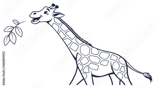 Happy cartoon giraffe eating a leaf, black and white outline vector illustration