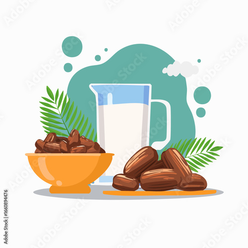 Dates and date milk in a jug and bowl on a table.